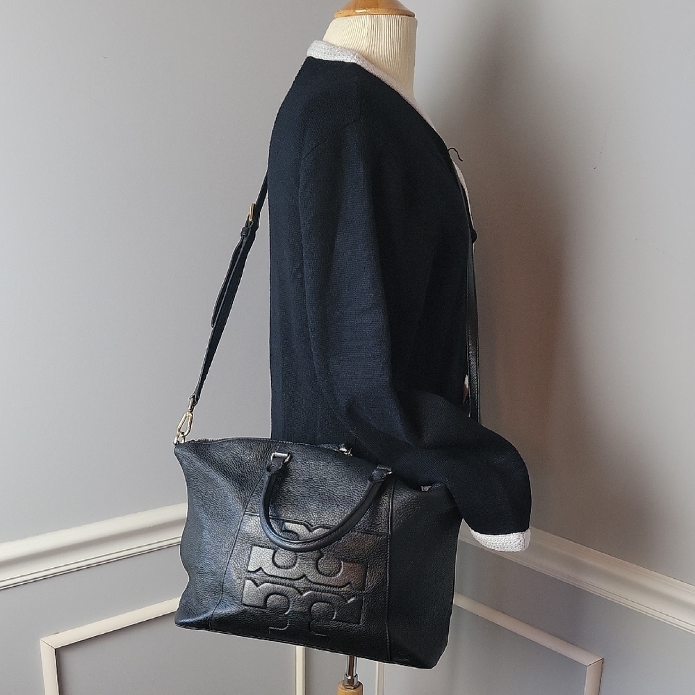 Tory Burch Black Leather Tote Satchel with Embossed Logo
